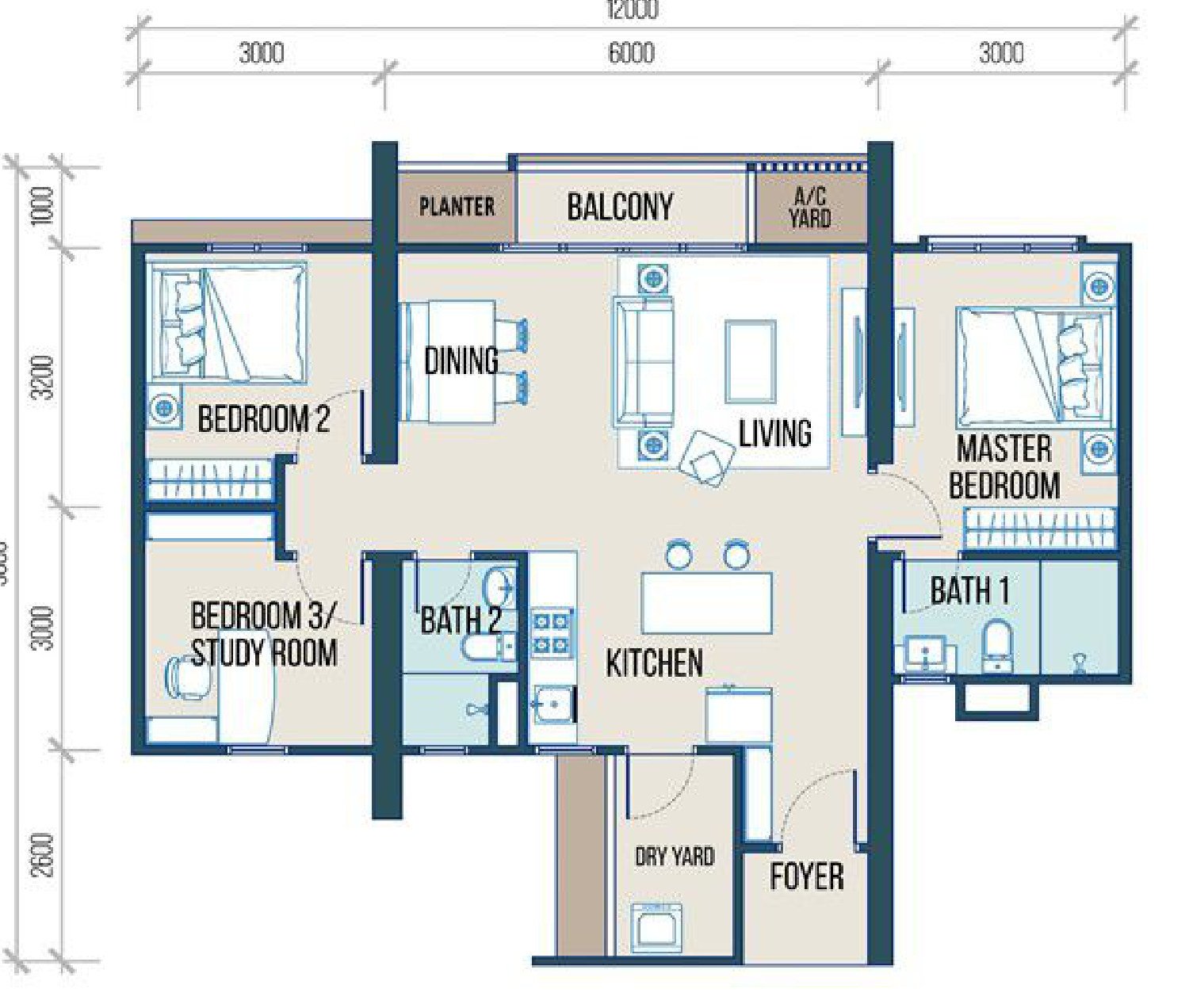 Maldives Residences Type C floor plan, 928 sq.ft